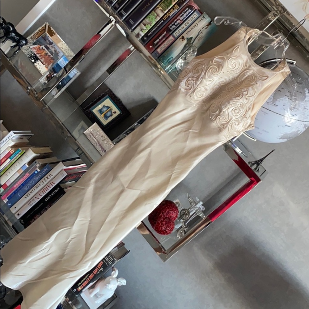 In phase fashions cream beaded lace back dress. Last call